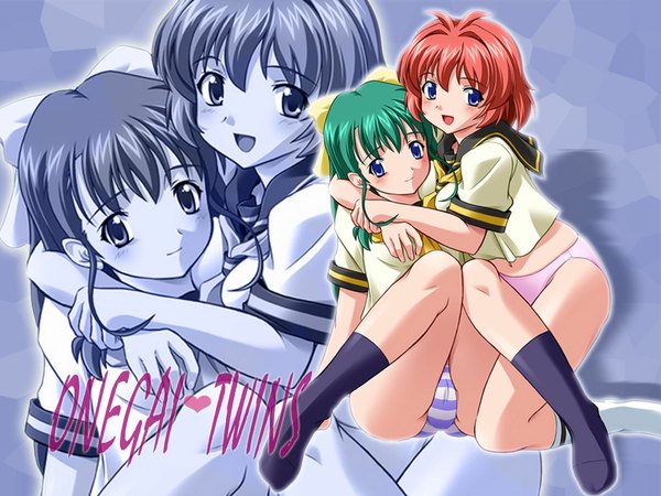 Anime picture 1024x768 with onegai twins onodera karen miyafuji miina light erotic underwear panties striped panties
