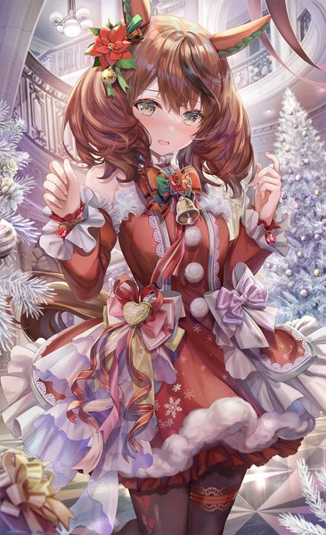 Anime picture 1200x1967 with umamusume nice nature (umamusume) torino aqua single tall image short hair brown hair twintails animal ears yellow eyes indoors tail animal tail multicolored hair streaked hair looking down short twintails christmas horse ears horse tail
