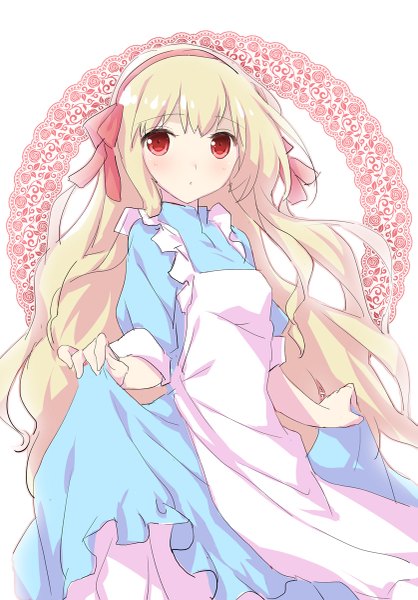Anime picture 837x1200 with kagerou project shaft (studio) mary (kagerou project) 47agdragon single long hair tall image looking at viewer blush blonde hair red eyes girl ribbon (ribbons) hair ribbon apron
