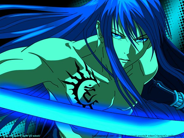Anime picture 1152x864 with d.gray-man kanda yuu single long hair fringe blue eyes blue hair tattoo topless boy sword katana