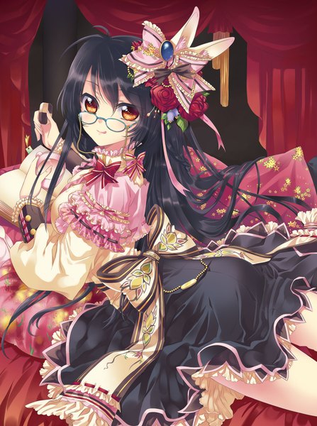 Anime picture 764x1024 with original cu-rim single long hair tall image looking at viewer black hair red eyes hair flower girl dress hair ornament flower (flowers) glasses book (books)