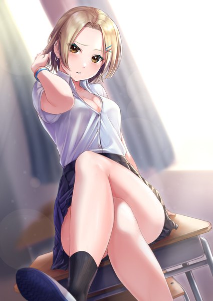 Anime-Bild 1451x2048 mit original rama (yu-light8) single tall image looking at viewer blush short hair breasts blonde hair sitting brown eyes cleavage bent knee (knees) indoors head tilt pleated skirt arm up blurry arm support bare legs