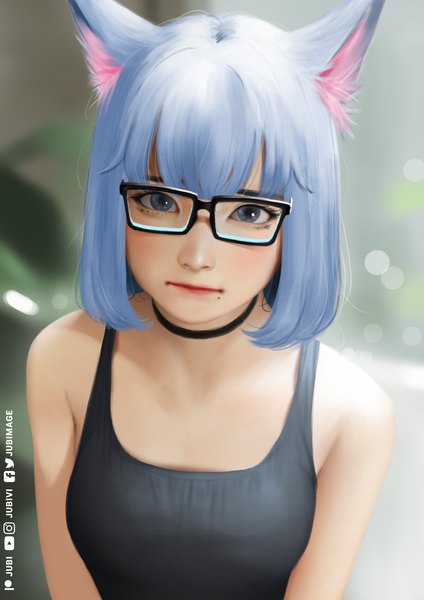 Anime picture 2480x3508 with original lizha (jubi) jubi (regiana) single tall image looking at viewer fringe highres short hair breasts blue eyes bare shoulders signed animal ears blue hair blurry cat ears mole lipstick red lipstick