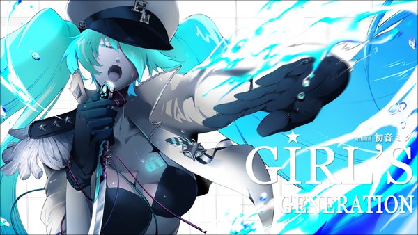 Anime picture 4000x2256 with vocaloid hatsune miku k-777 (pixiv) long hair highres open mouth wide image twintails absurdres eyes closed aqua hair girl gloves uniform water military uniform microphone bikini top wire (wires) peaked cap