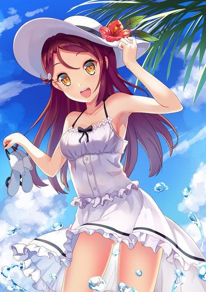 Anime picture 1240x1754 with love live! sunshine!! sunrise (studio) love live! sakurauchi riko dance of eternity single long hair tall image looking at viewer blush open mouth light erotic smile hair between eyes bare shoulders holding sky cloud (clouds) red hair bare legs