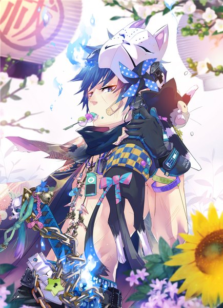 Anime picture 1307x1800 with ao no exorcist a-1 pictures okumura rin monq (artist) single tall image blue eyes blue hair looking back mouth hold mask on head bandaid on face boy gloves flower (flowers) ribbon (ribbons) animal star (symbol) cat mask