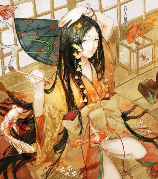Anime picture 3095x3508 with original pixiv girls collection 2011 nibanmachi wakai single long hair tall image looking at viewer highres black hair smile sitting holding absurdres indoors traditional clothes japanese clothes from above wide sleeves smoke girl