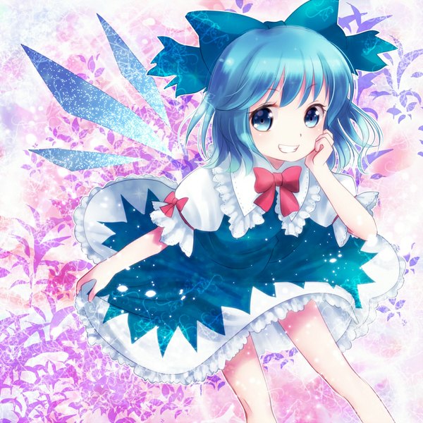 Anime picture 999x999 with touhou cirno nunucco single looking at viewer fringe short hair blue eyes smile blue hair hand on cheek girl dress bow hair bow wings frills