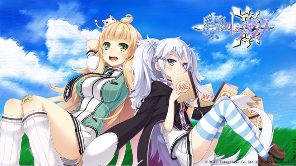 Anime picture 1280x720 with sesai no resonance tel-o long hair blush open mouth blonde hair wide image twintails purple eyes multiple girls green eyes cloud (clouds) white hair girl thighhighs skirt 2 girls miniskirt socks necktie