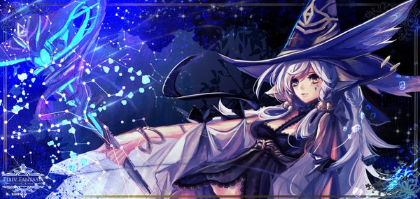 Anime picture 2045x972 with original pixiv fantasia stells single long hair looking at viewer highres blue eyes wide image bare shoulders brown eyes sky braid (braids) grey hair night sky heterochromia outstretched arm facial mark constellation girl
