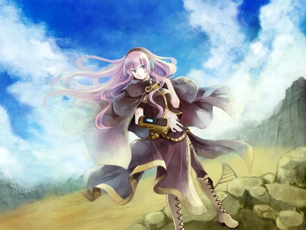 Anime picture 1200x900 with vocaloid megurine luka miyabi akino kaedena akino single long hair looking at viewer fringe blue eyes hair between eyes pink hair sky cloud (clouds) outdoors wind rock girl headphones knee boots railways