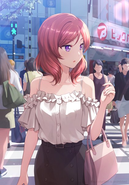 Anime picture 711x1013 with love live! school idol project sunrise (studio) love live! nishikino maki shamakho tall image blush fringe short hair breasts open mouth standing purple eyes signed looking away outdoors red hair off shoulder :o city