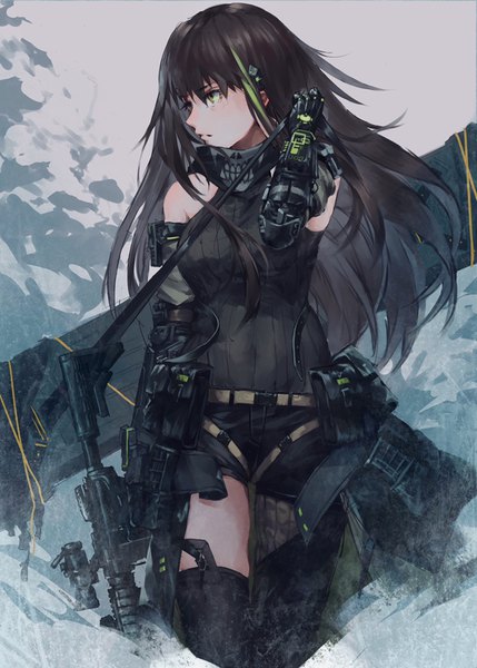 Anime picture 750x1048 with girls frontline m4a1 (girls frontline) aamond single long hair tall image fringe breasts hair between eyes brown hair standing bare shoulders holding green eyes looking away profile multicolored hair two-tone hair streaked hair floating hair