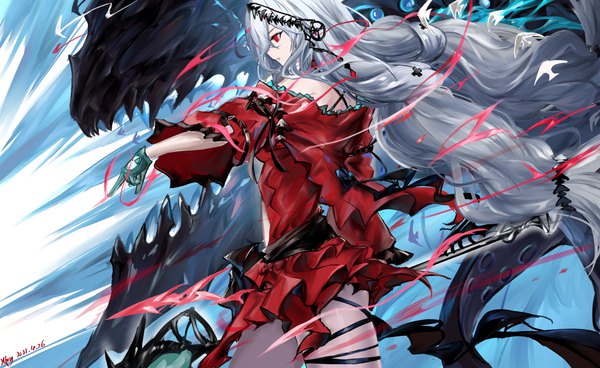 Anime picture 5002x3071 with arknights skadi (arknights) skadi the corrupting heart (arknights) skadi's seaborn (arknights) hhy single long hair fringe highres hair between eyes red eyes wide image standing twintails signed looking away absurdres silver hair parted lips profile