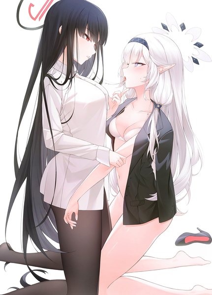 Anime picture 1200x1671 with blue archive rio (blue archive) himari (blue archive) infinity (kkx132) long hair tall image blush fringe breasts open mouth light erotic black hair simple background red eyes white background multiple girls silver hair blunt bangs long sleeves very long hair