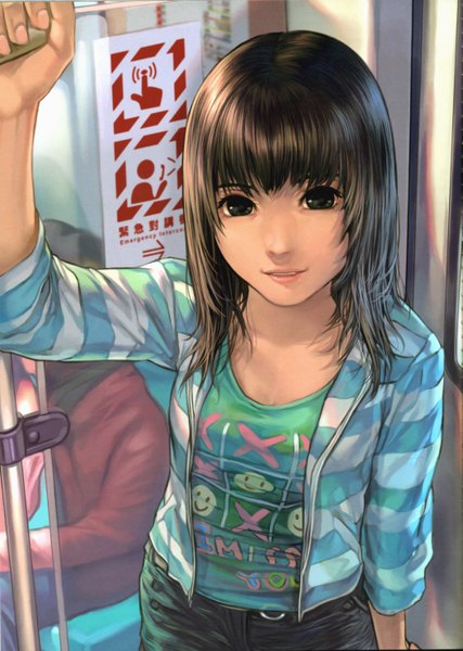 Anime picture 4195x5899 with original krenz single long hair tall image looking at viewer highres smile brown hair standing absurdres from above black eyes bus interior girl people train subway