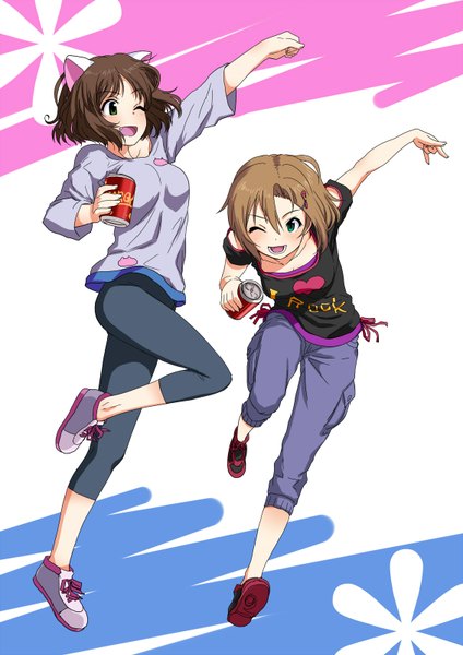 Anime picture 1132x1600 with idolmaster idolmaster cinderella girls maekawa miku tada riina sakaki imasato tall image blush short hair open mouth smile brown hair multiple girls green eyes animal ears one eye closed wink cat ears outstretched arm girl hair ornament