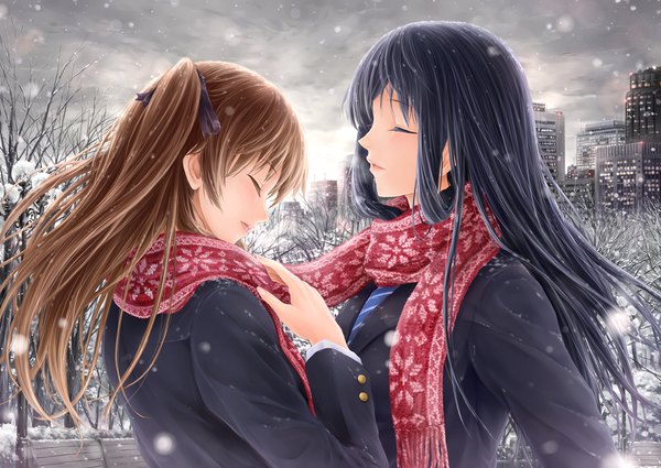 Anime picture 1500x1063 with white album white album 2 touma kazusa ogiso setsuna onokoro401 long hair open mouth black hair brown hair twintails multiple girls eyes closed profile city snowing winter snow cityscape shared scarf girl