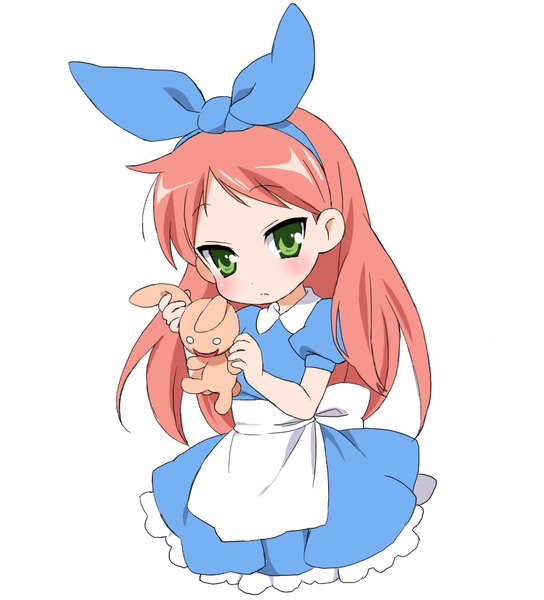 Anime picture 837x923 with pop'n music alicia (pop'n music) shouni (sato3) long hair tall image looking at viewer blush fringe simple background white background green eyes orange hair girl dress bow hair bow toy stuffed animal stuffed rabbit
