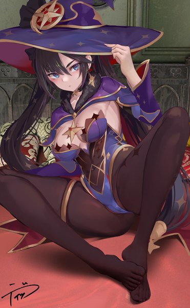 Anime picture 3222x5213 with genshin impact mona megistus dikko (dikk0) single long hair tall image looking at viewer blush highres breasts blue eyes light erotic black hair sitting twintails absurdres cleavage full body bent knee (knees) spread legs