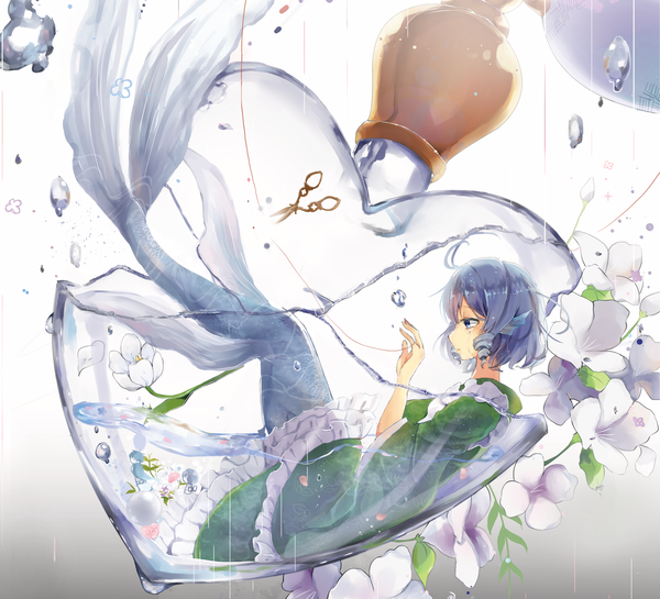 Anime picture 2591x2354 with touhou wakasagihime moko (3886397) single highres short hair open mouth blue eyes animal ears blue hair ahoge traditional clothes japanese clothes crying monster girl broken in container crack girl flower (flowers)