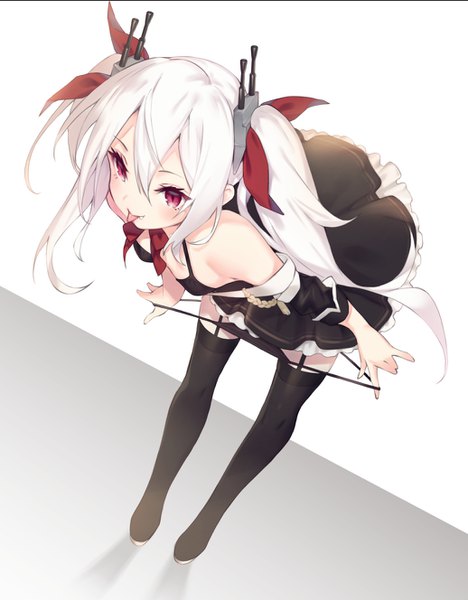 Anime picture 1036x1328 with azur lane vampire (azur lane) pokachu single long hair tall image blush fringe light erotic simple background hair between eyes red eyes standing twintails looking away full body white hair off shoulder fang (fangs) leaning