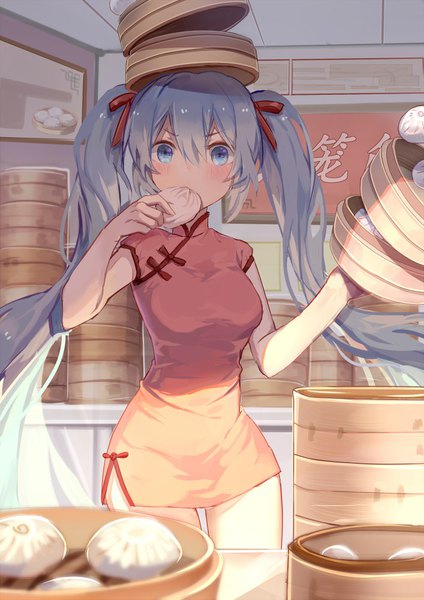 Anime picture 707x1000 with vocaloid hatsune miku you hashira single long hair tall image looking at viewer blush fringe blue eyes hair between eyes standing twintails blue hair indoors traditional clothes chinese clothes eating girl dress