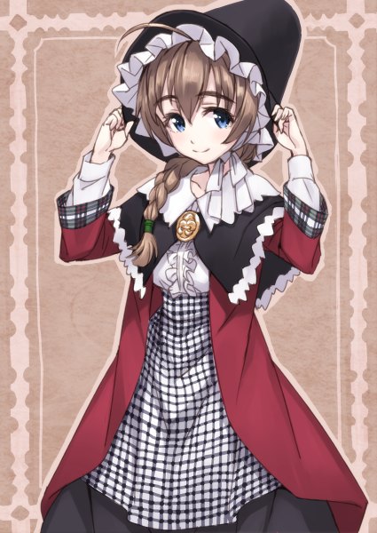 Anime picture 850x1200 with strike witches lynette bishop matsuryuu single long hair tall image looking at viewer blue eyes brown hair ahoge braid (braids) traditional clothes light smile single braid girl dress hat