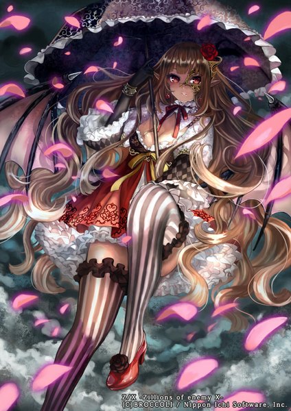 Anime picture 700x990 with zillions of enemy x pisuke single tall image fringe blonde hair red eyes looking away very long hair hair flower pointy ears wide sleeves wavy hair girl thighhighs dress gloves hair ornament flower (flowers) earrings