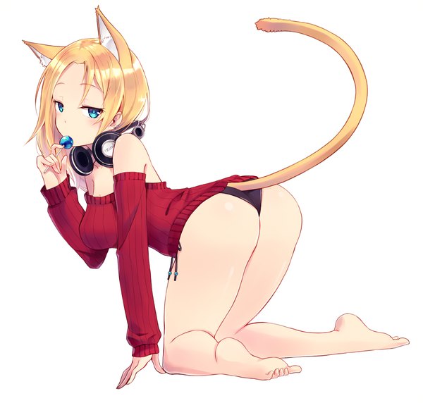 Anime picture 1132x1081 with original itsumi mita single long hair looking at viewer blush breasts blue eyes light erotic blonde hair simple background large breasts white background animal ears payot full body ass tail animal tail looking back