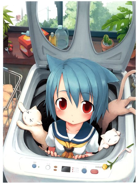 Anime picture 2214x2959 with original aikei ake (artist) single tall image looking at viewer blush highres short hair red eyes animal ears blue hair cat ears scan :o cat girl :3 > < girl uniform flower (flowers)