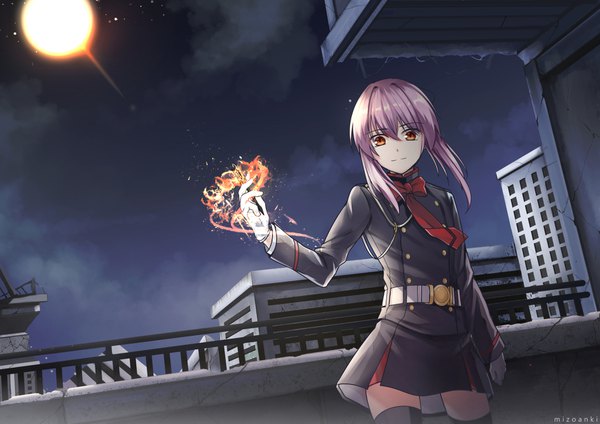 Anime picture 1684x1191 with owari no seraph wit studio hiiragi shinoa mizonaki single looking at viewer fringe short hair hair between eyes standing signed payot sky purple hair cloud (clouds) outdoors light smile wind orange eyes dutch angle