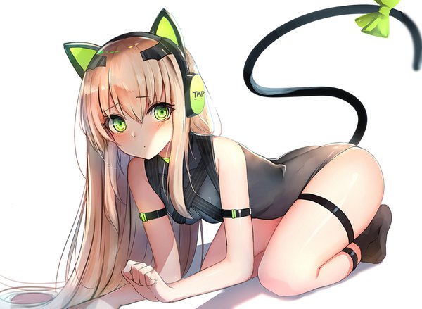 Anime picture 1092x800 with girls frontline tmp (girls frontline) luse maonang single long hair looking at viewer blush fringe light erotic simple background hair between eyes brown hair white background bare shoulders green eyes animal ears payot bent knee (knees) ass tail