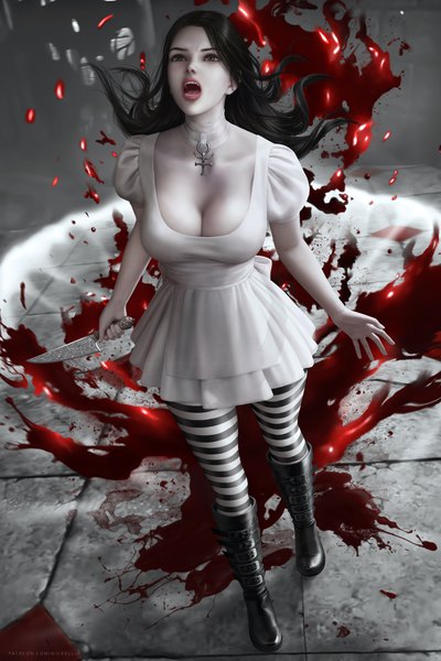 Anime-Bild 5000x7500 mit american mcgee's alice (game) alice: madness returns alice (american mcgee's) wickellia single long hair tall image fringe highres breasts open mouth black hair large breasts standing holding green eyes looking away absurdres full body from above