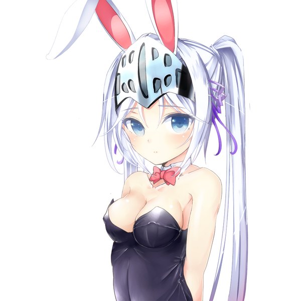 Anime picture 1000x1000 with kore wa zombie desu ka? studio deen eucliwood hellscythe morerin single long hair looking at viewer blush blue eyes light erotic simple background white background bare shoulders animal ears white hair ponytail bunny ears fake animal ears hands behind back third-party edit