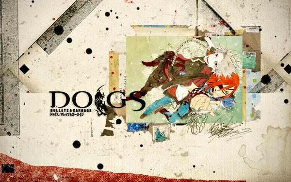 イラスト 1440x900 と dogs: bullets & carnage david production haine rammsteiner badou nails chloe-chan (artist) 長髪 短い髪 赤い目 茶色の髪 wide image 緑の目 white hair grey hair オレンジ髪 壁紙 耳飾り チェーン 眼帯 シガレット cartridge