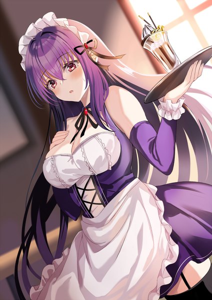 Anime picture 1000x1414 with fate (series) fate/grand order scathach (fate) (all) scathach skadi (fate) harimoji single long hair tall image looking at viewer blush fringe breasts open mouth light erotic hair between eyes red eyes large breasts standing bare shoulders holding