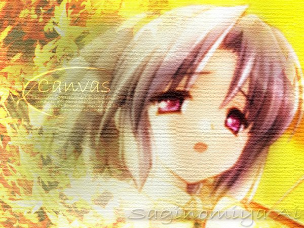 Anime picture 1024x768 with canvas (anime) saginomiya ai single short hair open mouth brown hair pink eyes inscription wallpaper copyright name character names face third-party edit yellow background girl