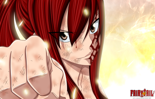 Anime picture 1920x1228 with fairy tail erza scarlet pkachu-kun single long hair highres smile brown eyes ponytail red hair inscription coloring light girl blood fist