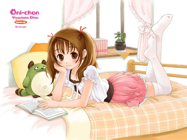 Anime picture 1024x768 with looking at viewer brown hair twintails brown eyes lying light smile girl thighhighs plant (plants) white thighhighs book (books) bed toy stuffed animal stuffed toy potted plant bedroom