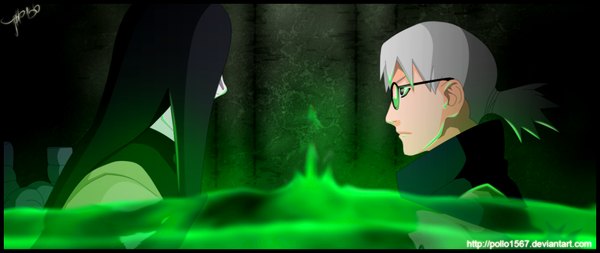 Anime picture 1578x668 with naruto studio pierrot naruto (series) orochimaru yakushi kabuto pollo1567 long hair short hair black hair wide image ponytail profile grey hair black eyes coloring eye contact boy glasses