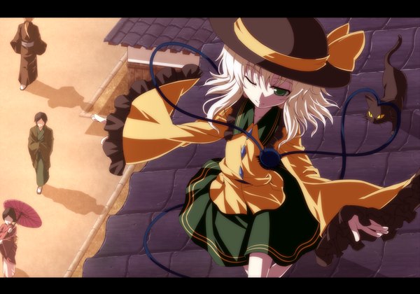Anime picture 1428x1000 with touhou komeiji koishi isatessyu (artist) short hair green eyes white hair japanese clothes one eye closed wink spread arms girl hat animal cat roof