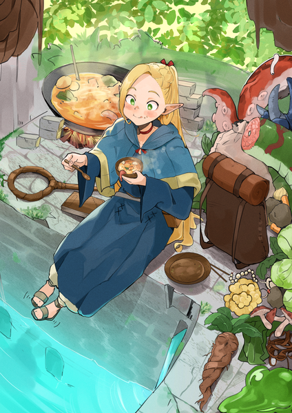 Anime-Bild 2480x3508 mit dungeon meshi studio trigger marcille donato chankuro single long hair tall image blush highres blonde hair smile green eyes looking away full body ponytail from above pointy ears girl choker food