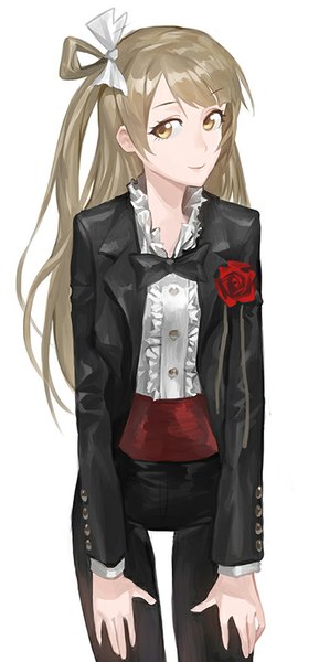 Anime picture 386x800 with love live! school idol project sunrise (studio) love live! minami kotori modare single long hair tall image fringe simple background smile white background brown eyes grey hair one side up girl flower (flowers) bowtie rose (roses) tuxedo