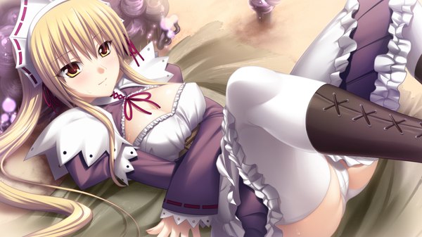 Anime picture 1024x576 with long hair blush breasts light erotic blonde hair wide image yellow eyes game cg cleavage maid pantyshot thighhighs underwear panties white thighhighs