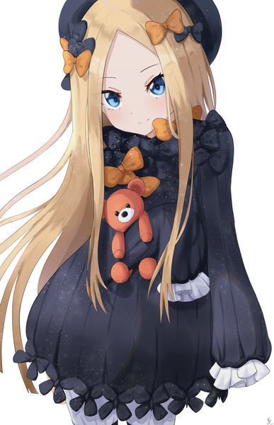 Anime picture 2265x3508 with fate (series) fate/grand order abigail williams (fate) aftamc single long hair tall image highres blue eyes simple background blonde hair smile standing white background looking away long sleeves girl dress bow hair bow