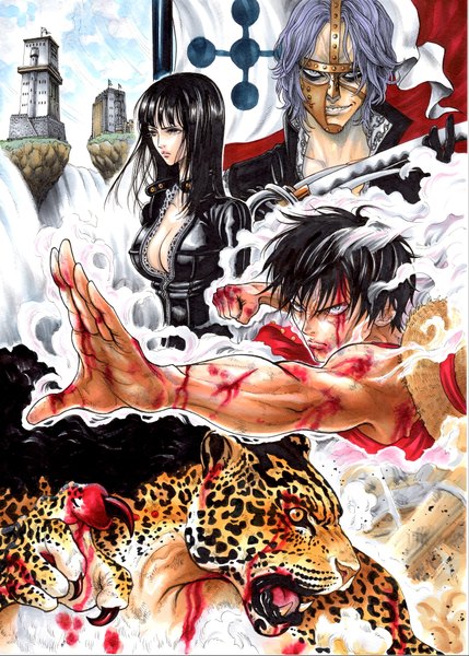 Anime picture 2963x4145 with one piece toei animation monkey d. luffy nico robin rob lucci spandam marlboro (artist) long hair tall image fringe highres short hair black hair cleavage purple hair scar fighting stance steam waterfall girl