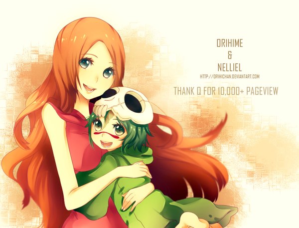Anime picture 1416x1080 with bleach studio pierrot inoue orihime nelliel tu odelschwanck persona92 (orichie) long hair looking at viewer short hair open mouth blue eyes multiple girls green eyes signed orange hair inscription hug facial mark alternate age espada younger