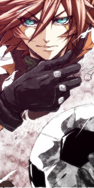 Anime picture 600x1200 with inazuma eleven genda koujirou pizaya single tall image looking at viewer fringe short hair hair between eyes pink hair aqua eyes facial mark boy gloves black gloves ball soccer ball