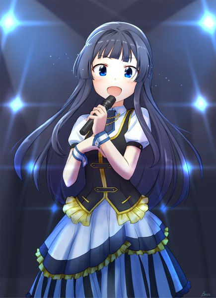 Anime picture 1796x2474 with idolmaster idolmaster million live! mogami shizuka basa rutan single long hair tall image looking at viewer blush fringe highres open mouth blue eyes black hair payot blunt bangs :d puffy sleeves girl wrist cuffs